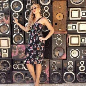 Lindy Bop Sz 10 Black Lita Cocktail Print Retro Pin Up Knee Lenght Dress